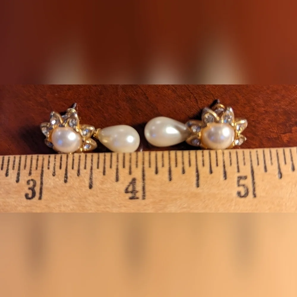 Richelieu Vintage Faux Pearl Diamond Earrings drop floral pearls post ba…